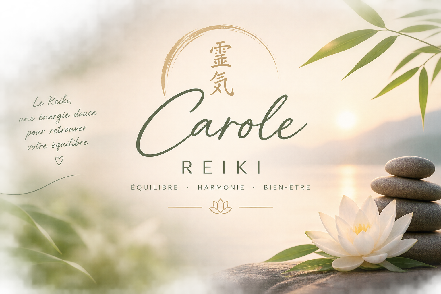 Une image calme avec une pierre empilée en équilibre, une fleur de lotus blanche, des feuillesVertes, et un fond avec un coucher de soleil sur l'eau, représentant la relaxation et l'harmonie, avec le texte 'Carole Reiki' et descriptions en français de l'équilibre, de l'harmonie et du bien-être.