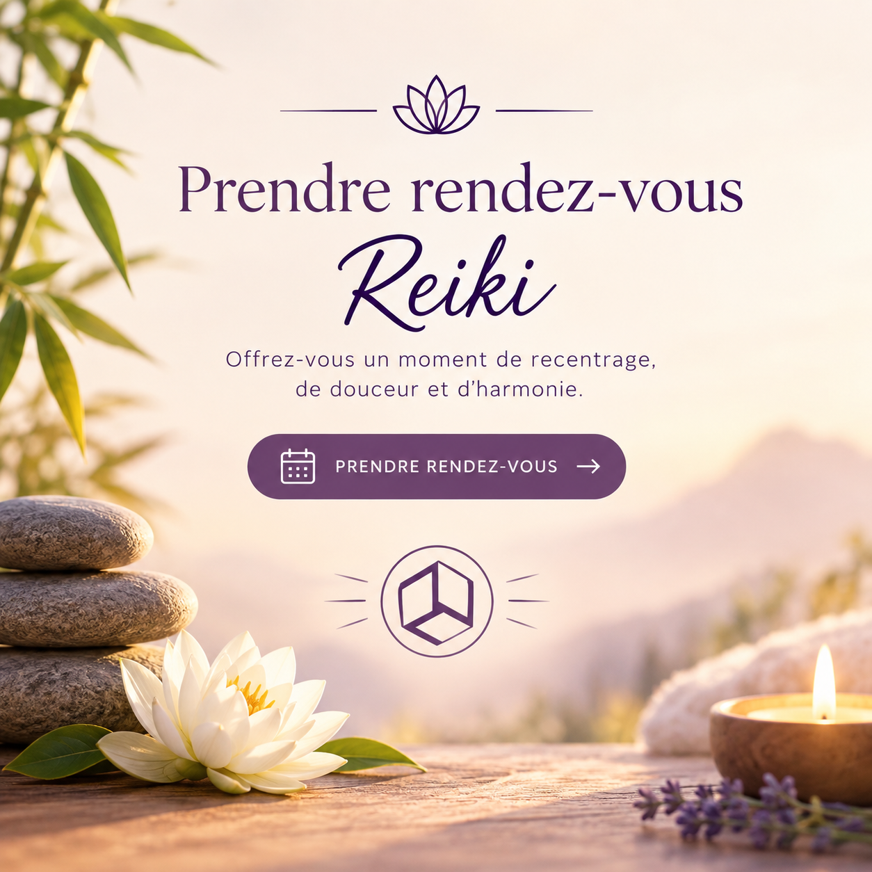 Une invitation à prendre rendez-vous pour une séance de Reiki, avec un décor zen comprenant des pierres empilées, une fleur de lotus blanche, une bougie allumée et des plantes vertes, dans une ambiance apaisante au coucher du soleil.