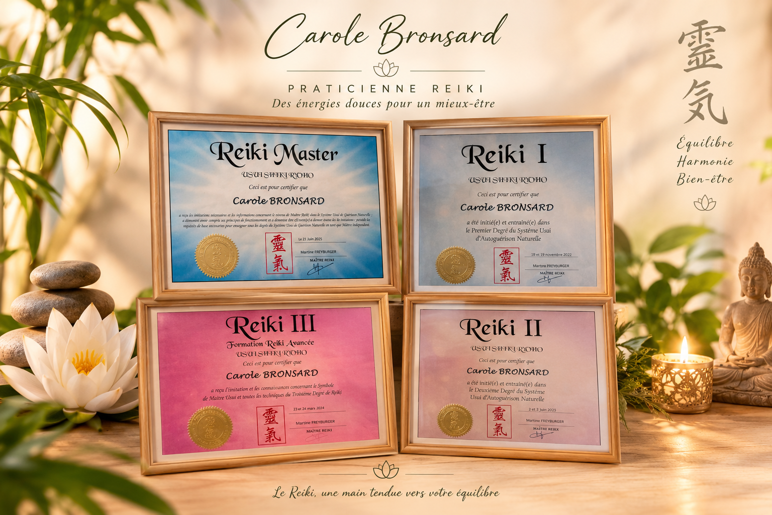Certificats de formation Reiki de Carole Bronsard, avec deux en bleu pour Reiki Master et Reiki I, un en rose pour Reiki III, et un en violet pour Reiki II, entourés de décoration apaisante avec fleurs, pierres et bougie.