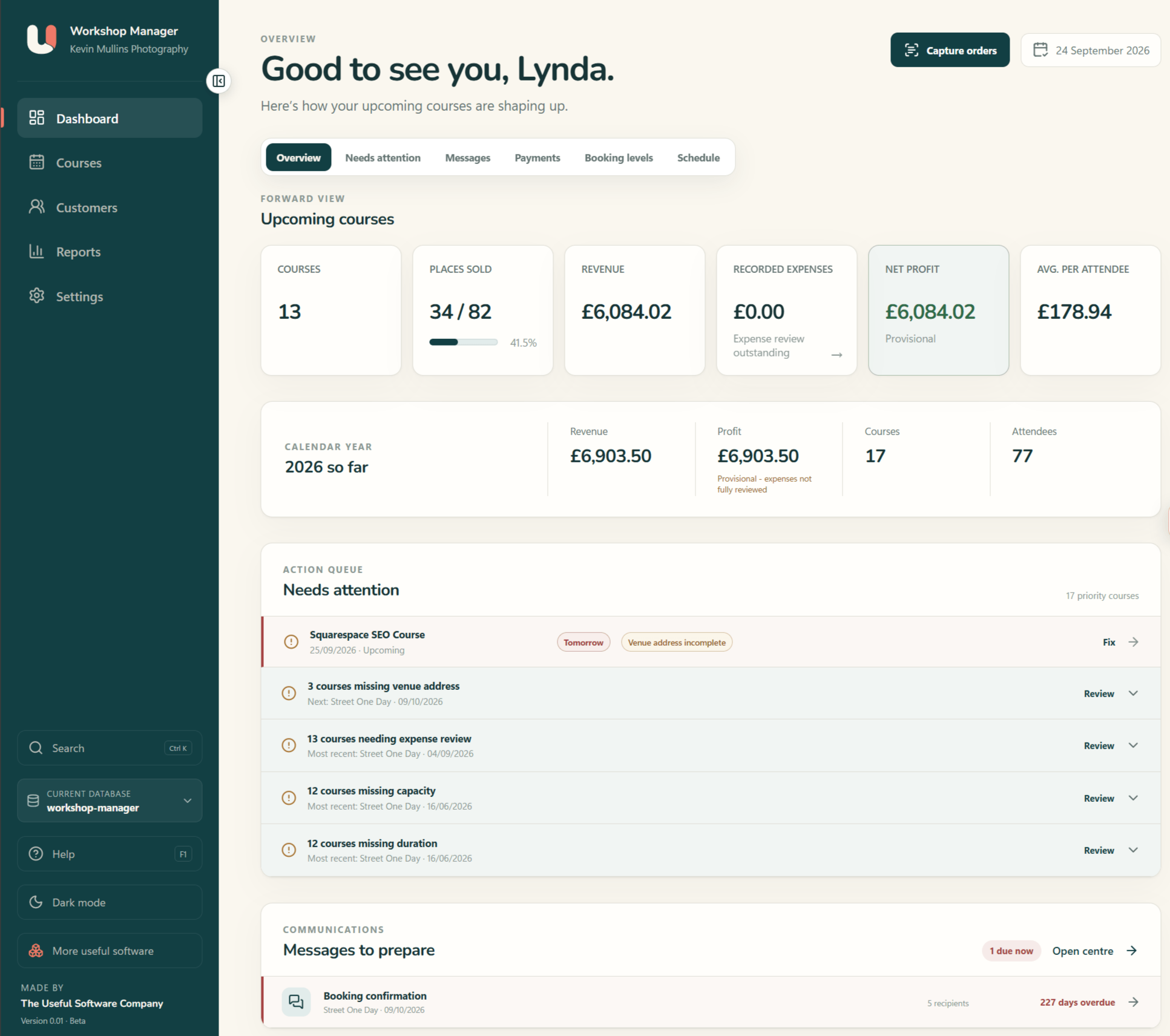 Workshop Manager dashboard showing upcoming courses, bookings, revenue and tasks needing attention.