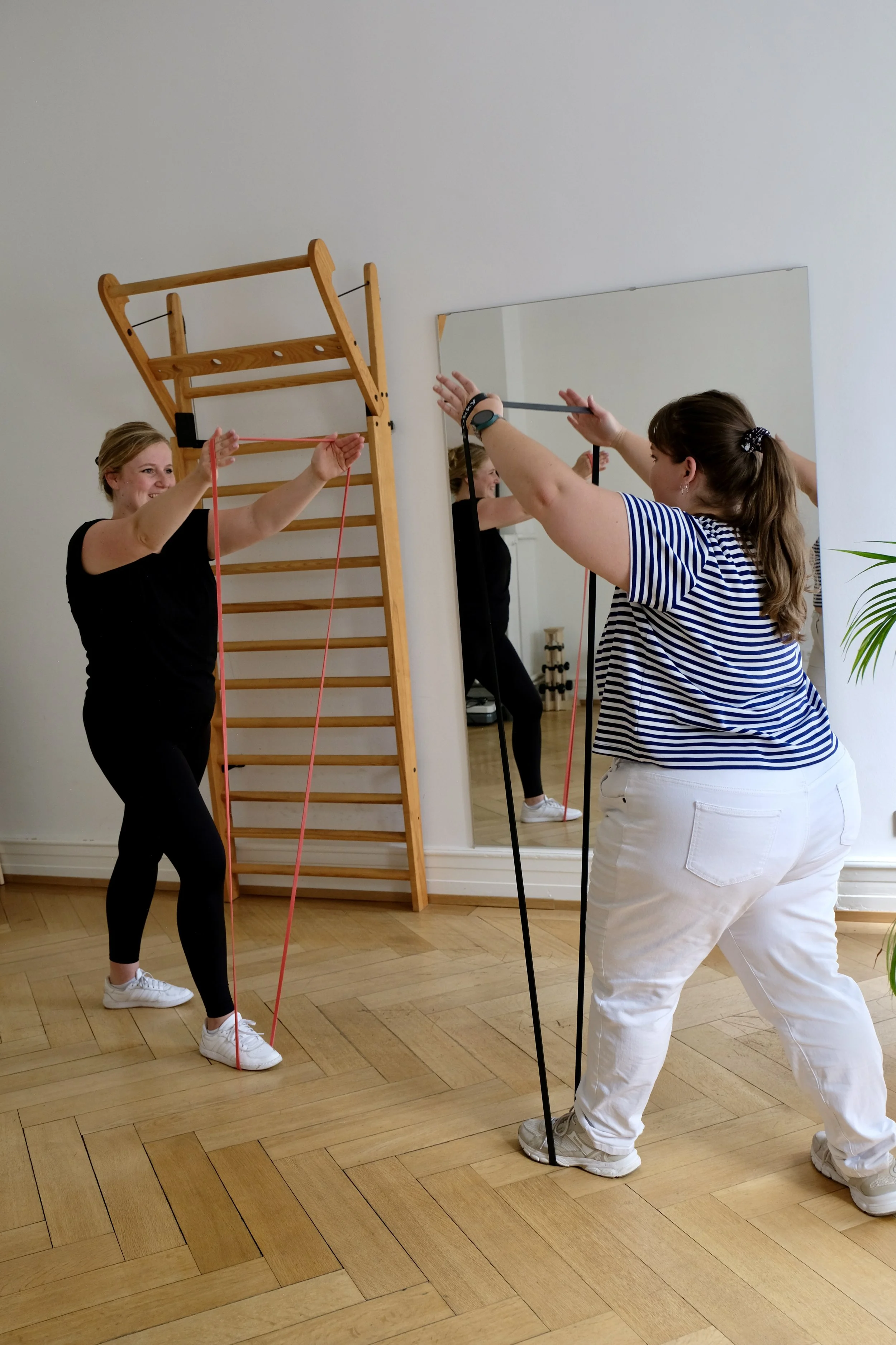Zwei Frauen beim Dehnen mit Widerstandsbändern in einem Raum, spiegelndes Bild in einem Spiegel, Holzfußboden, weiße Wände, eine Leiter an der Wand und eine Pflanze im rechten Bildrand.