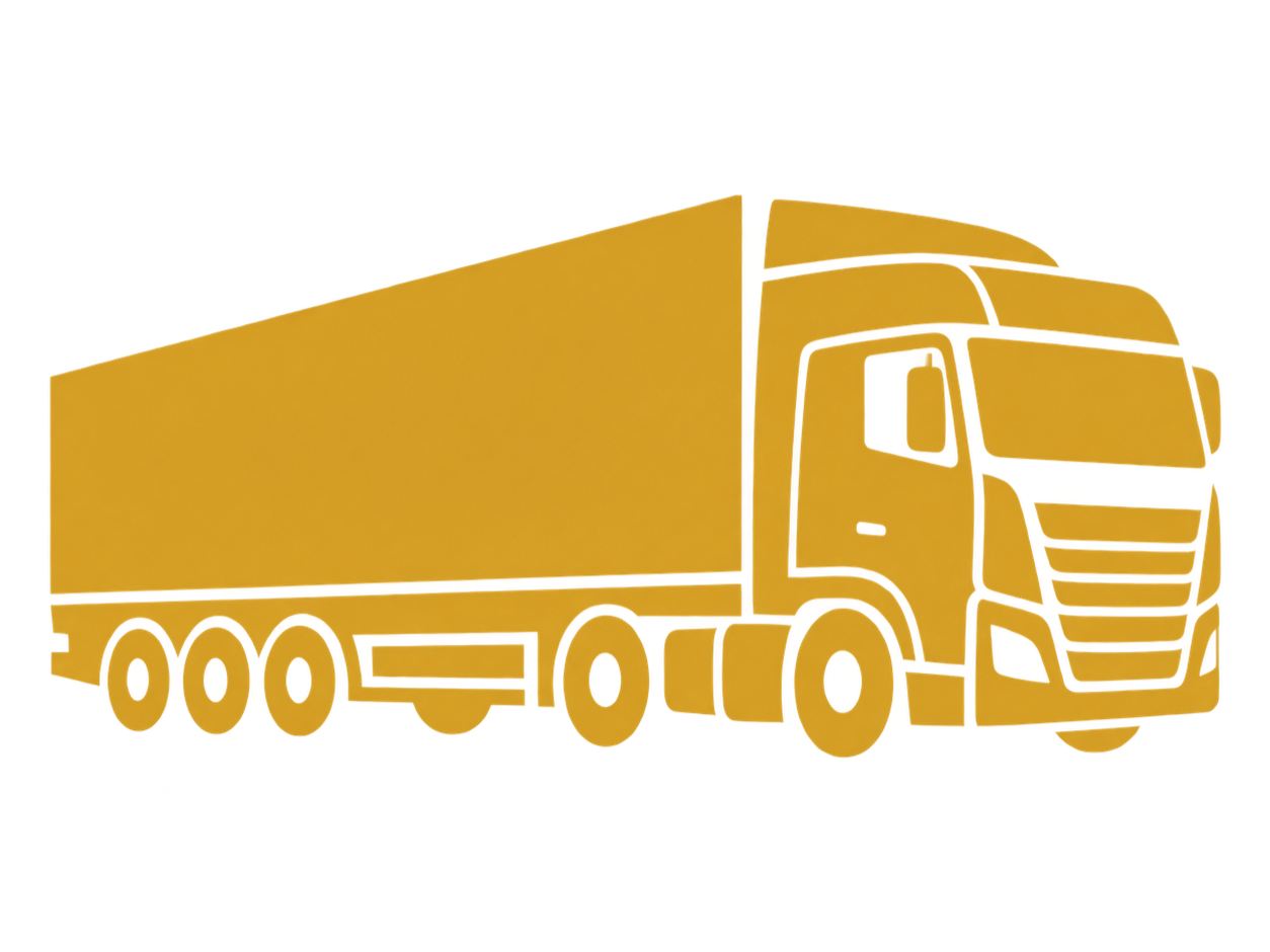 A stylized golden truck with a large cargo trailer attached to the cab.