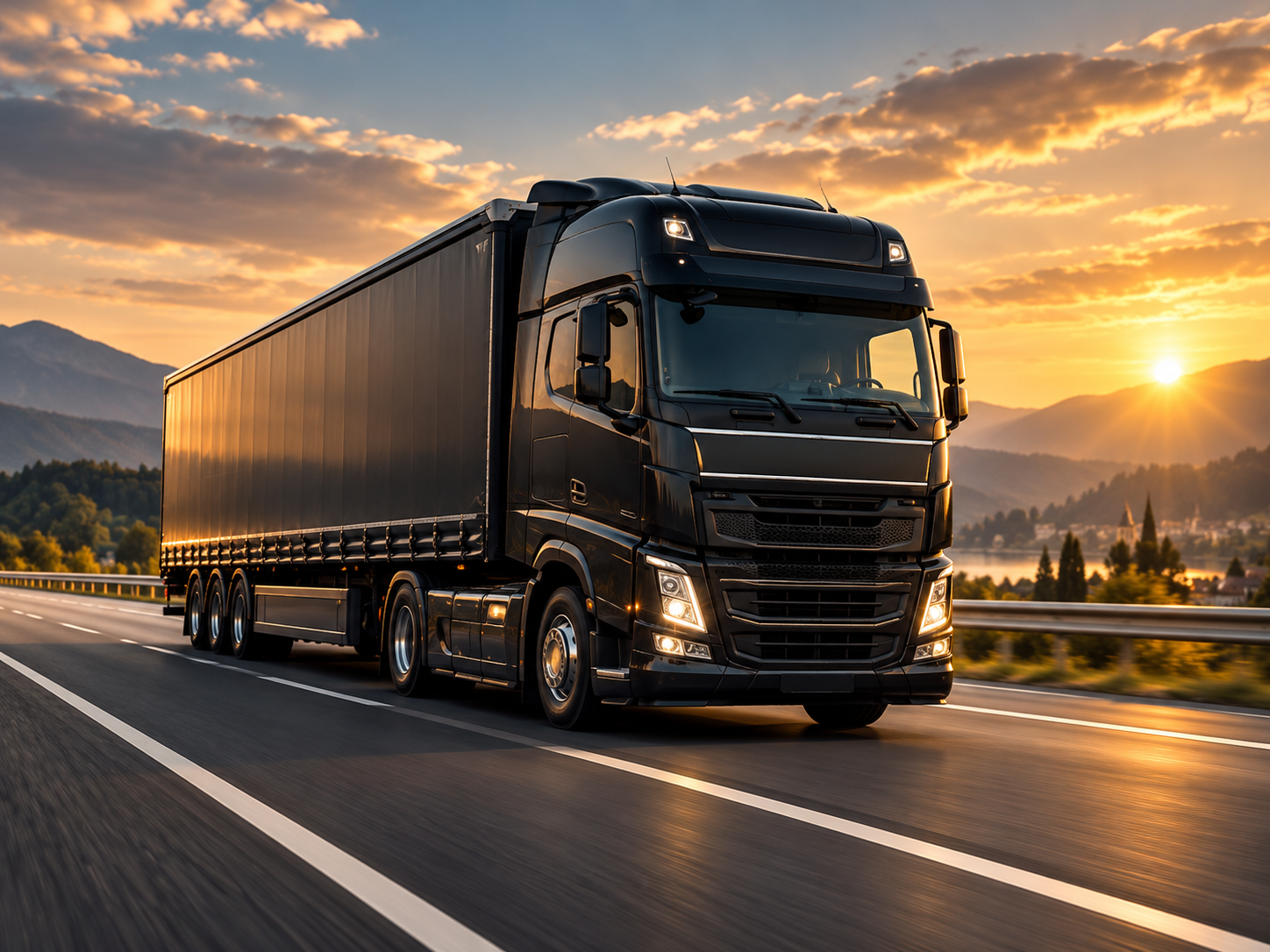 A black semi-truck driving on an open highway during sunset with mountains and trees in the background.