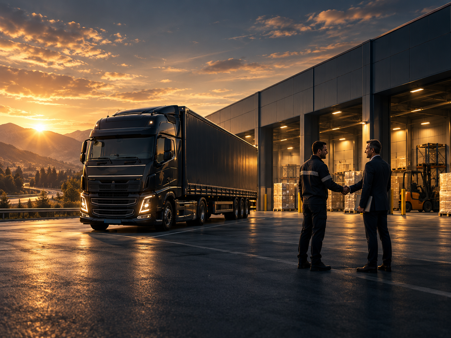 Two men shaking hands in a loading dock area with a large truck, warehouse, and pallets in the background, during sunset.