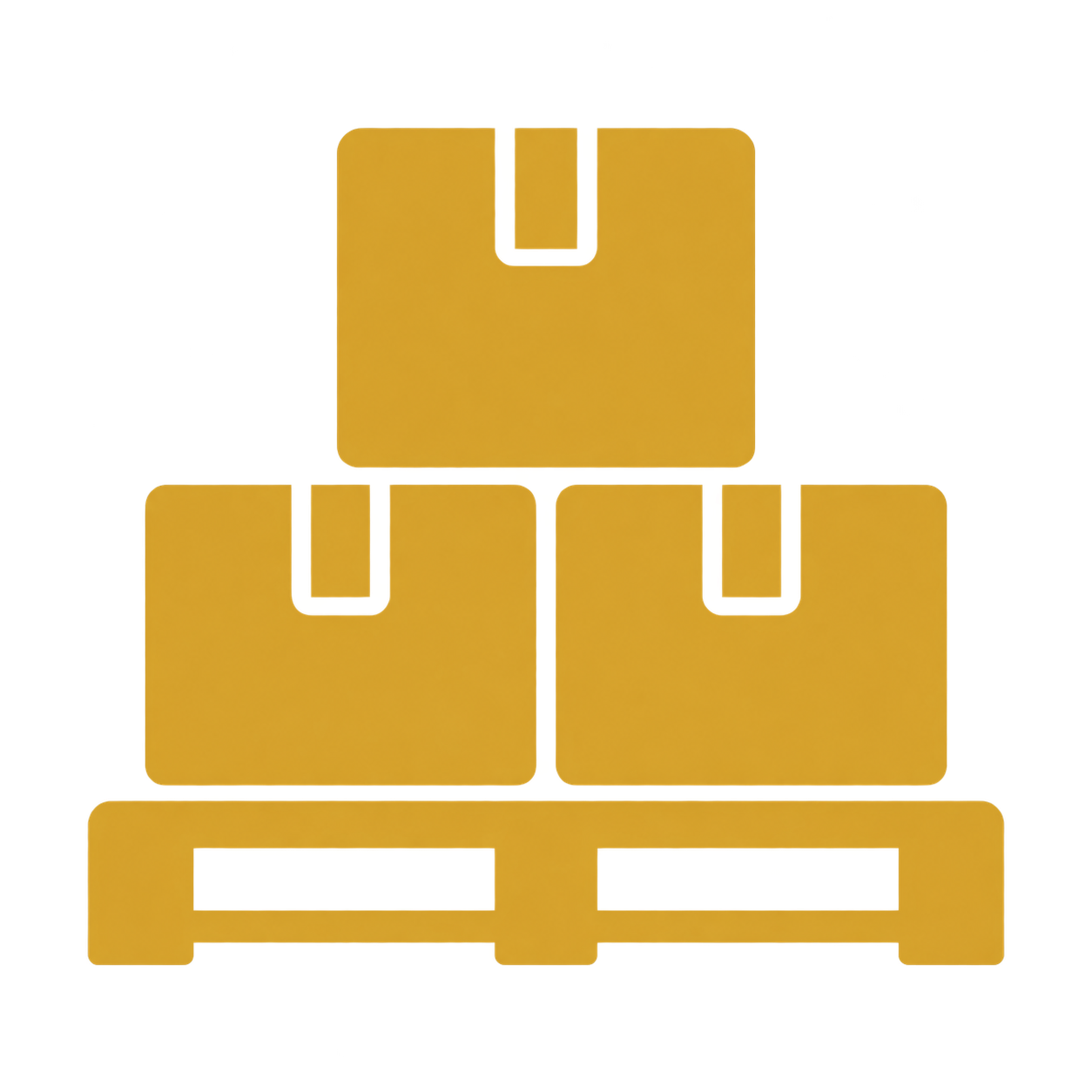 Three gold-colored cardboard boxes stacked on a wooden pallet