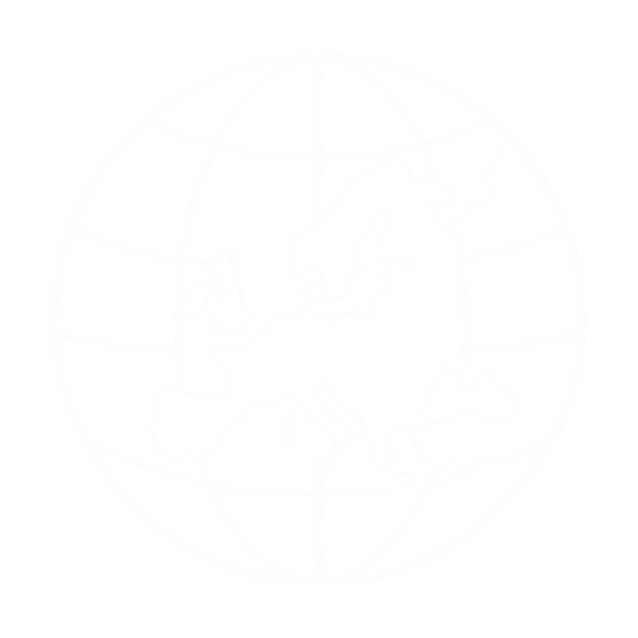 Black and white outline of the Earth with visible continents and grid lines, set against a black background.