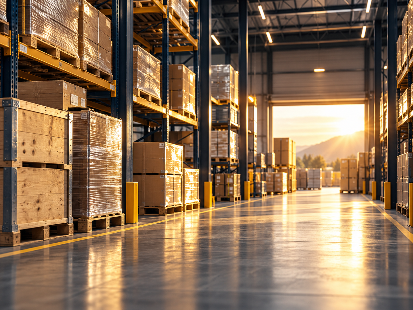 Warehouse storage with stacked boxes and pallets, sunlight streaming in during sunset.