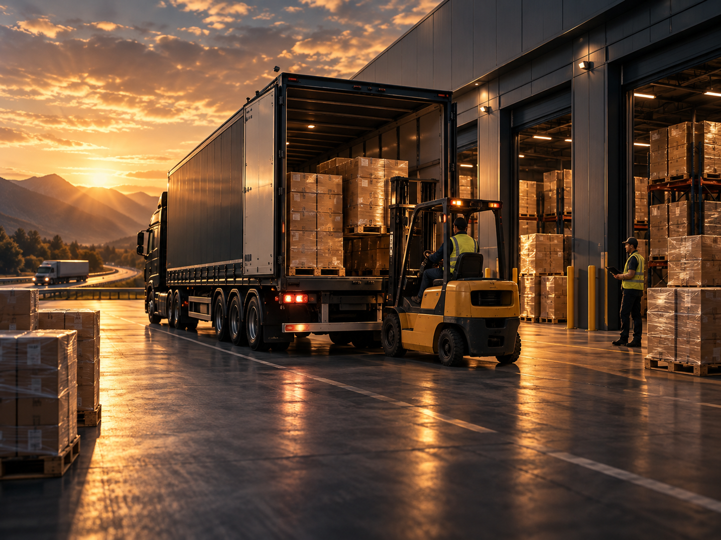 Workers loading or unloading pallets at a warehouse during sunset, with mountains and a highway in the background.