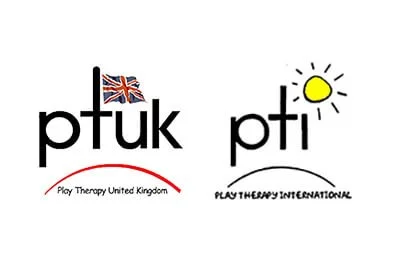 Comparison of logos for 'Play Therapy United Kingdom' and 'Play Therapy International,' with the UK logo featuring a British flag and a red curved line, and the International logo featuring a sun and a black curved line.