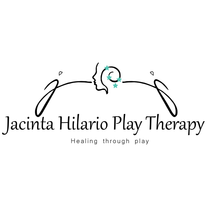 Logo for Jacinta Hilario Play Therapy featuring a silhouette of a child's face and hands, with stars and a moon, and the tagline 'Healing through play'.