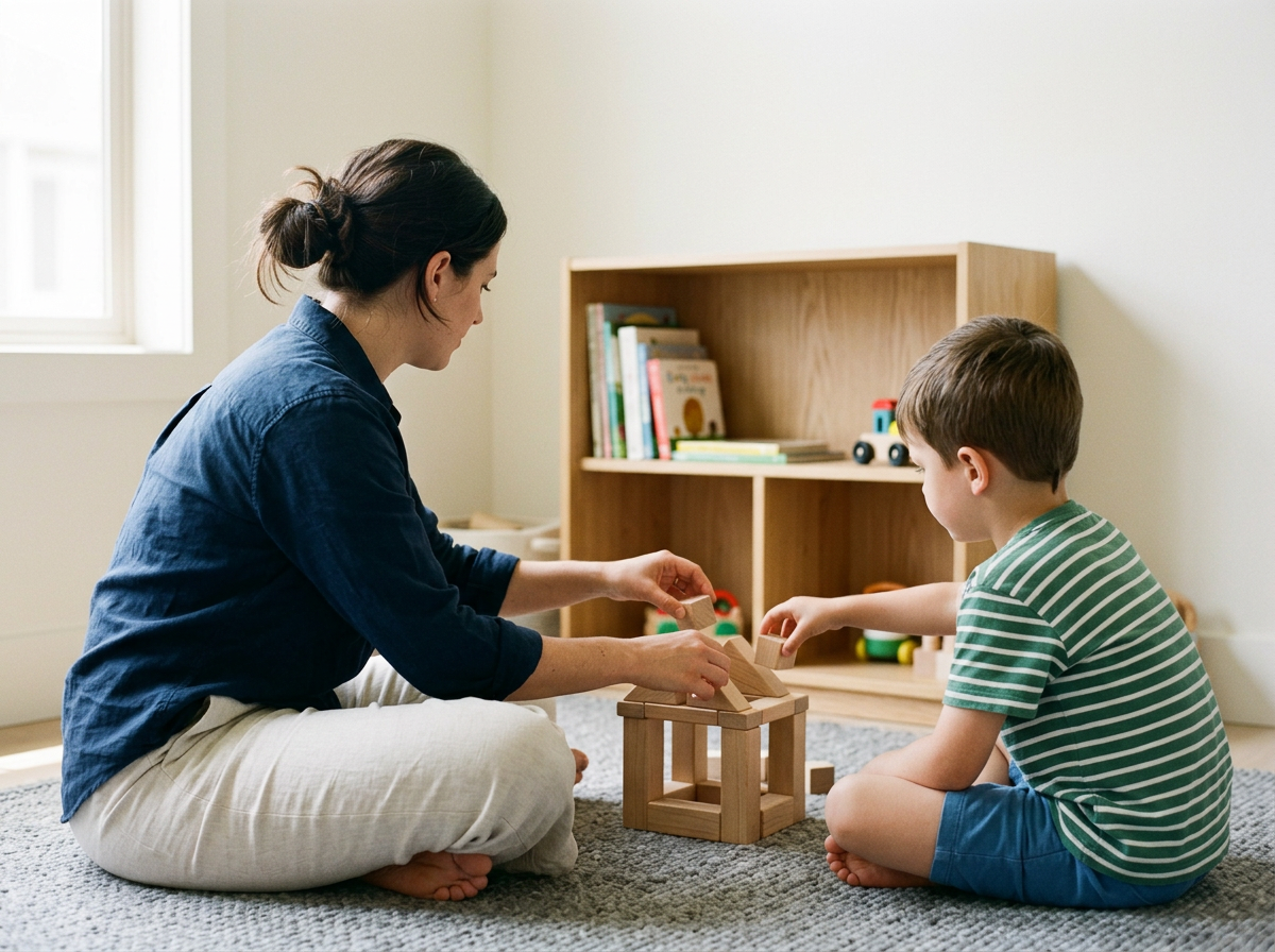 A woman and a young boy playing with wooden building blocks on a gray rug in a brightly lit room with a bookshelf in the background.