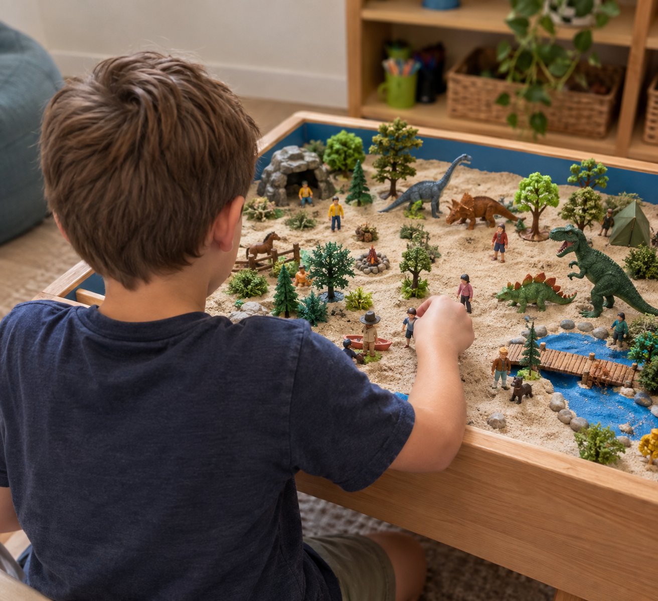 A boy playing with a dinosaur-themed sandbox playset containing miniature dinosaurs, trees, rocks, small human figures, a campfire, pond, and other figures.