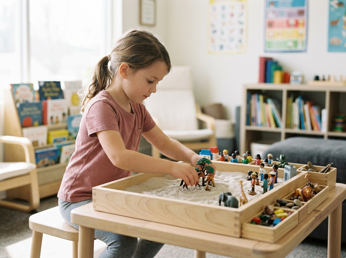 A young girl playing with miniature toys and figures on a sand tray in a classroom or playroom.
