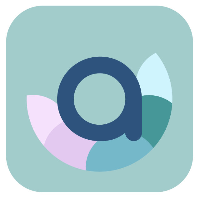 An abstract logo with a large navy blue letter 'a' in the centre, surrounded by pastel-colored mermaid scale shapes on a light teal background.