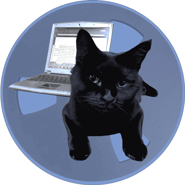 The BookCat blog. A black cat sitting in front of a laptop computer with a blue background and a vintage tape reel graphic.