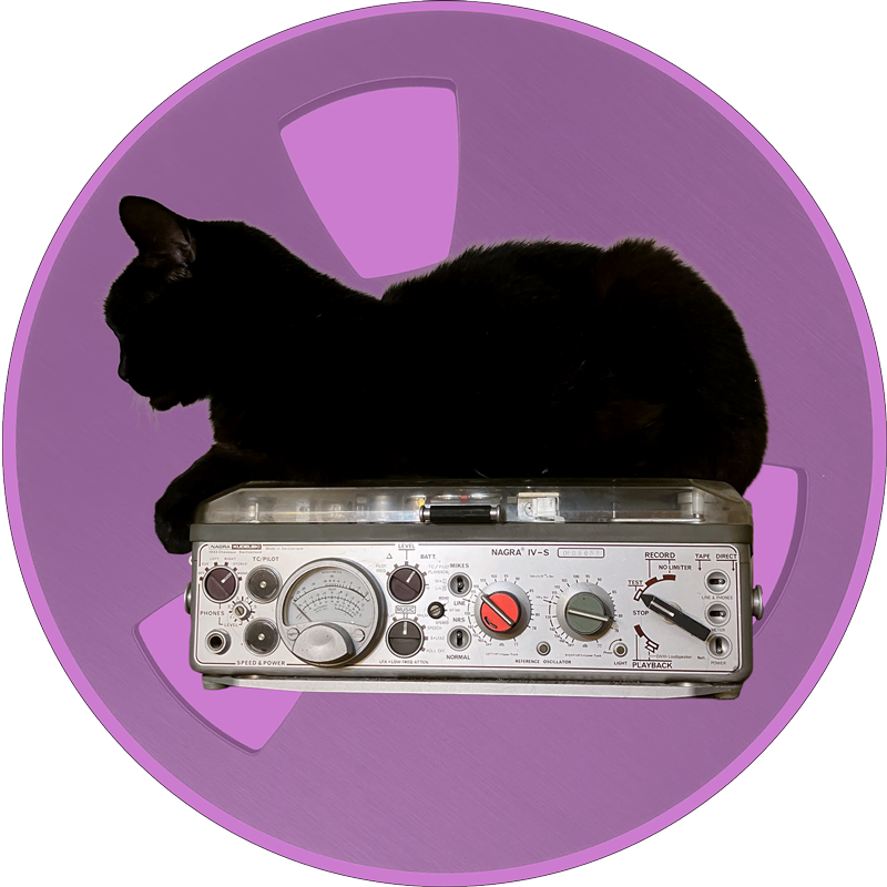 BookCat Listens blog. Black cat lying on top of a vintage audio tape machine with a purple background.
