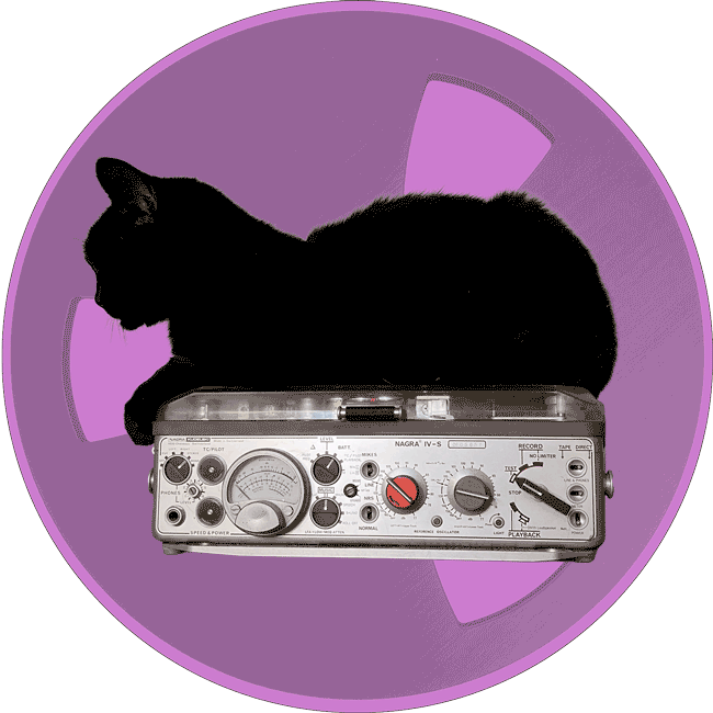 BookCat Listens blog. A black cat lying on top of a vintage reel-to-reel tape recorder, set against a purple circular background.