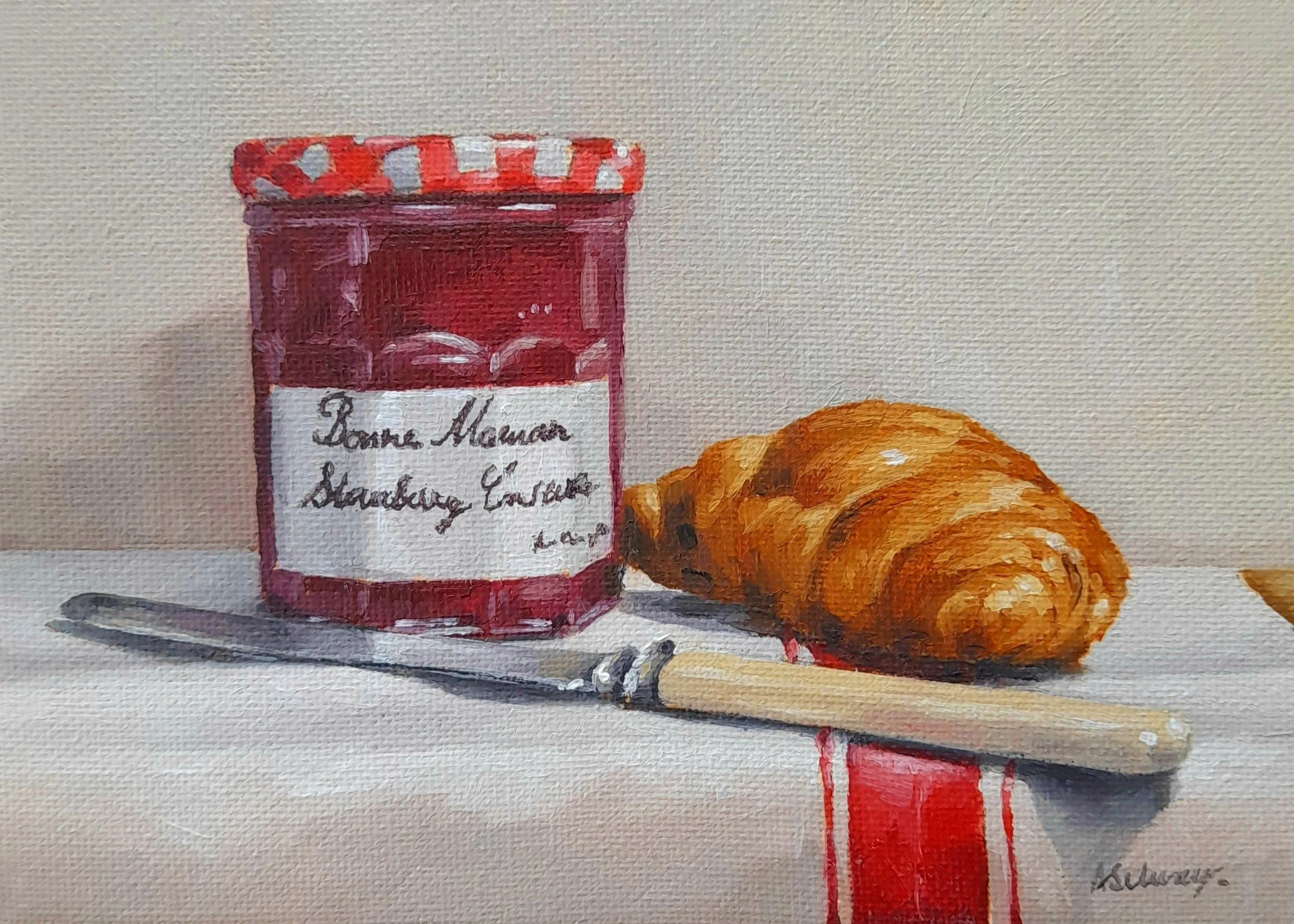 Oil painting of a jar of red strawberry jam and a croissant with a butter knife resting on a striped cloth. By artist Amanda Selway