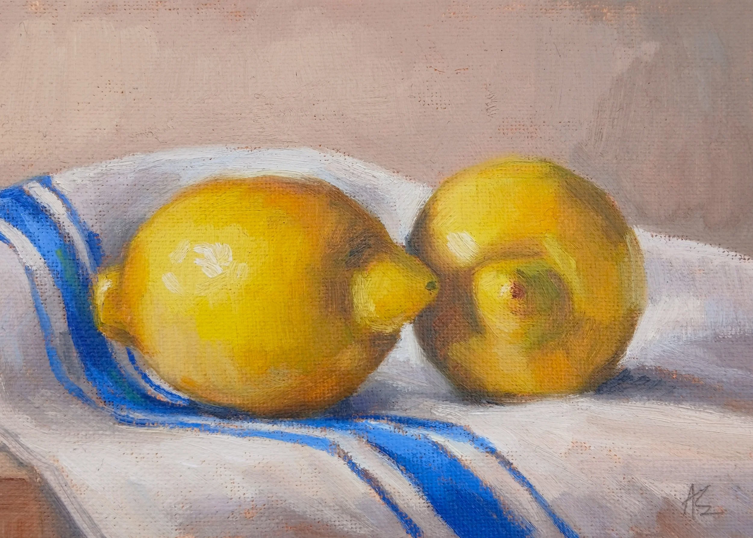 Oil painting of two bright yellow lemons on white linen cloth with a blue stripe, against a soft neutral background, in a contemporary realist style.
