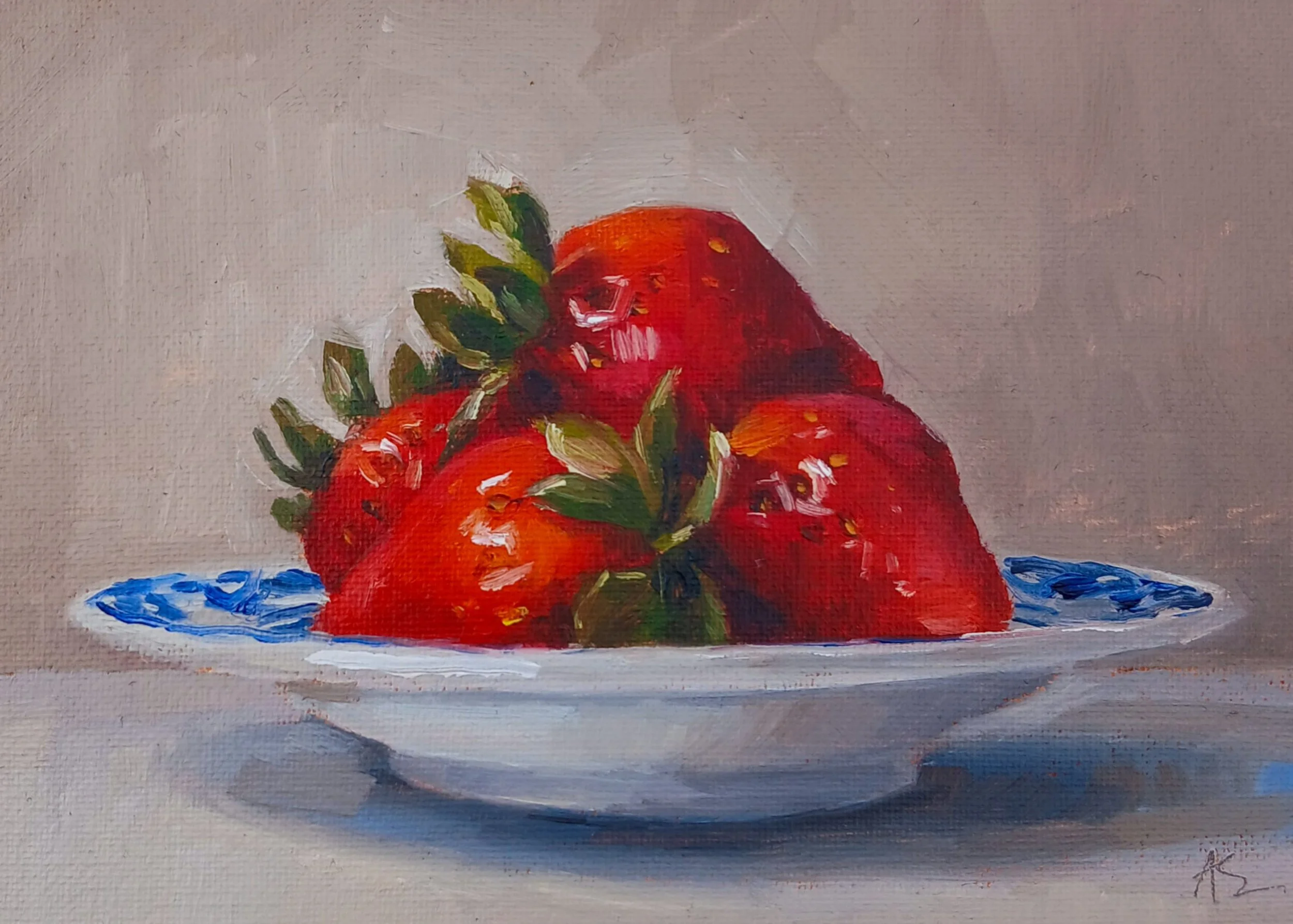 Still life oil painting of fresh, bright red strawberries arranged on a blue and white Dutch plate, set against a soft neutral background with a crisp white cloth. Expressive brushwork in a contemporary realism style.