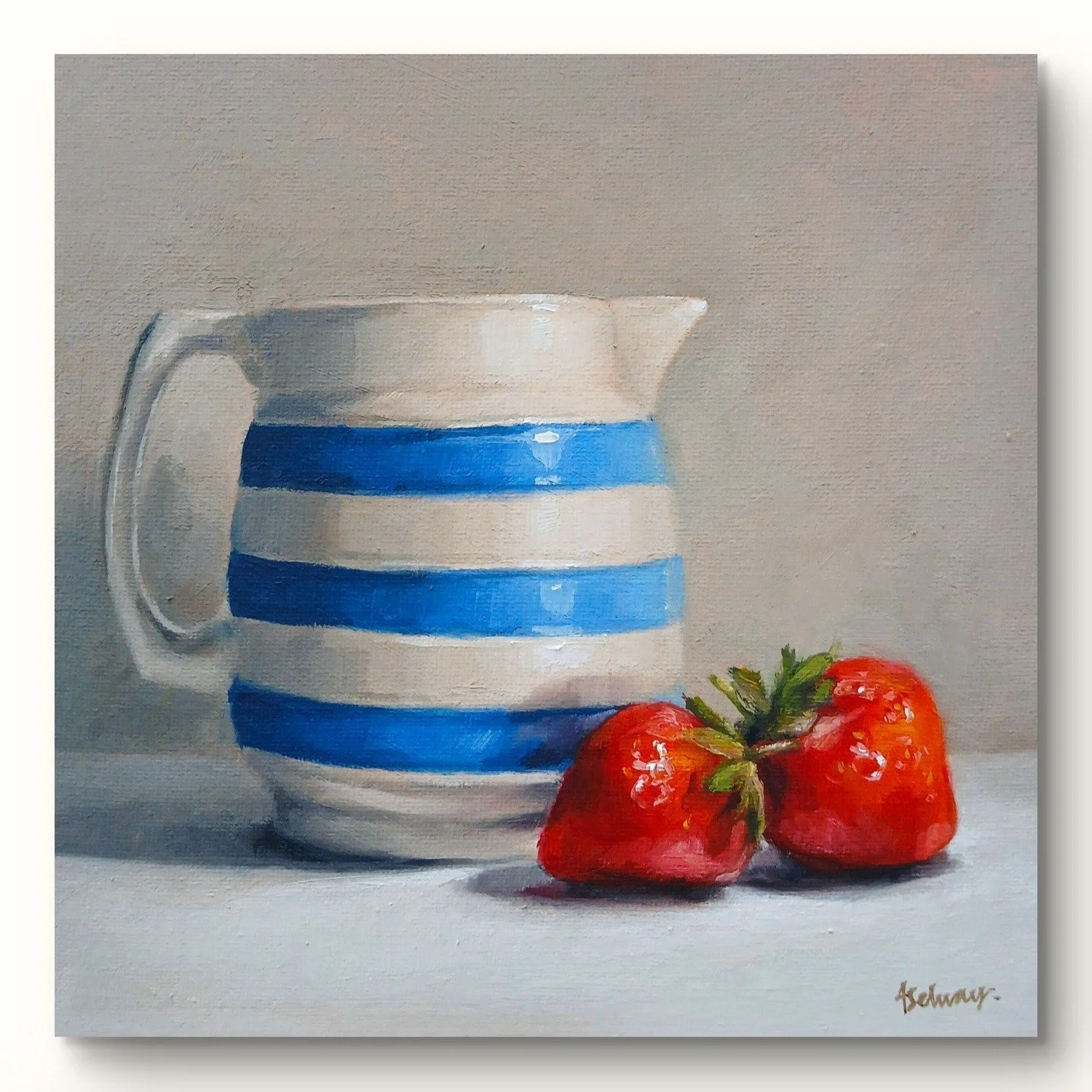 Strawberries and Striped Jug | Original Oil Painting | 8x8in