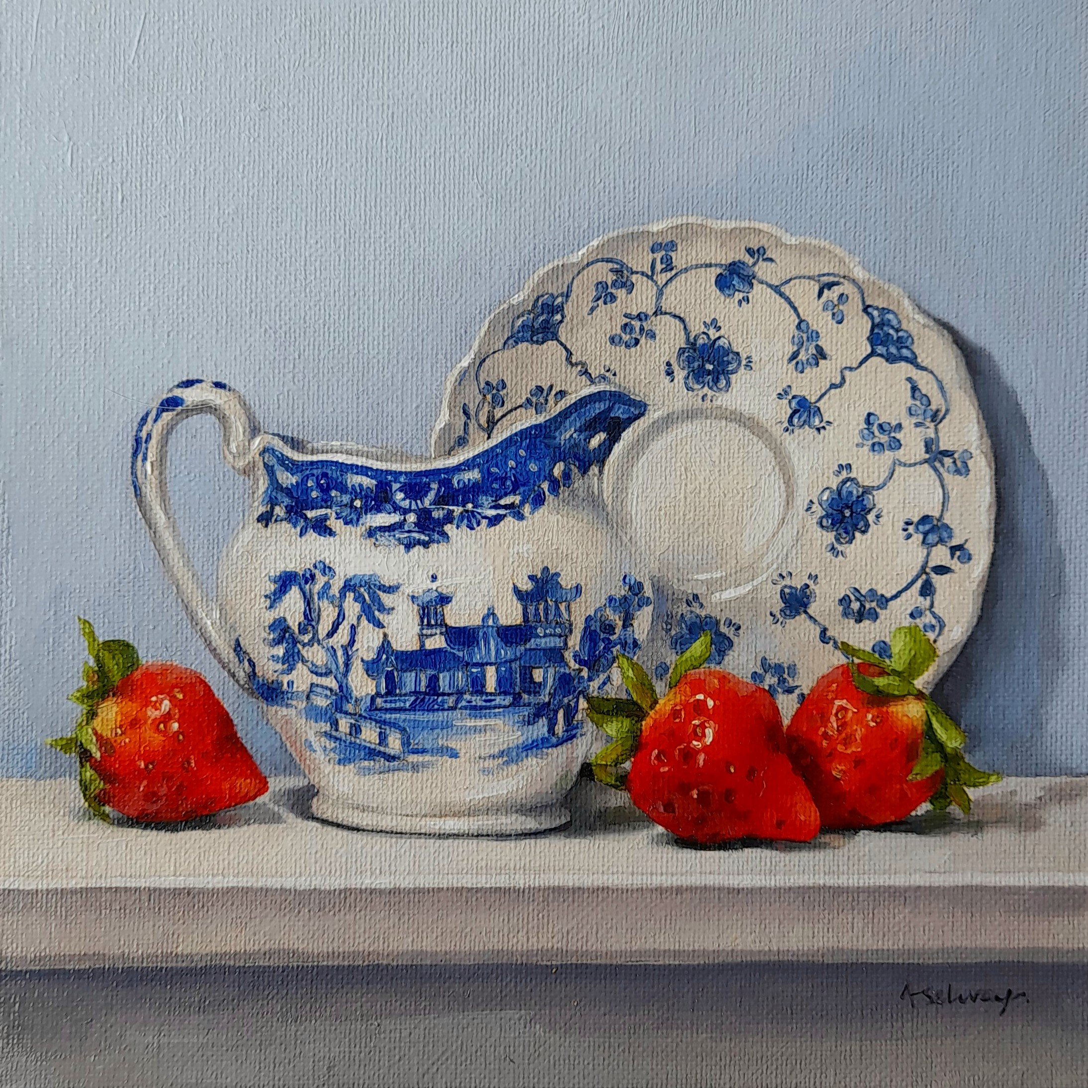 Oil painting of a white ceramic teapot with blue floral patterns and decorative accents, accompanied by red strawberries with green leaves, set on a white surface and blue background.