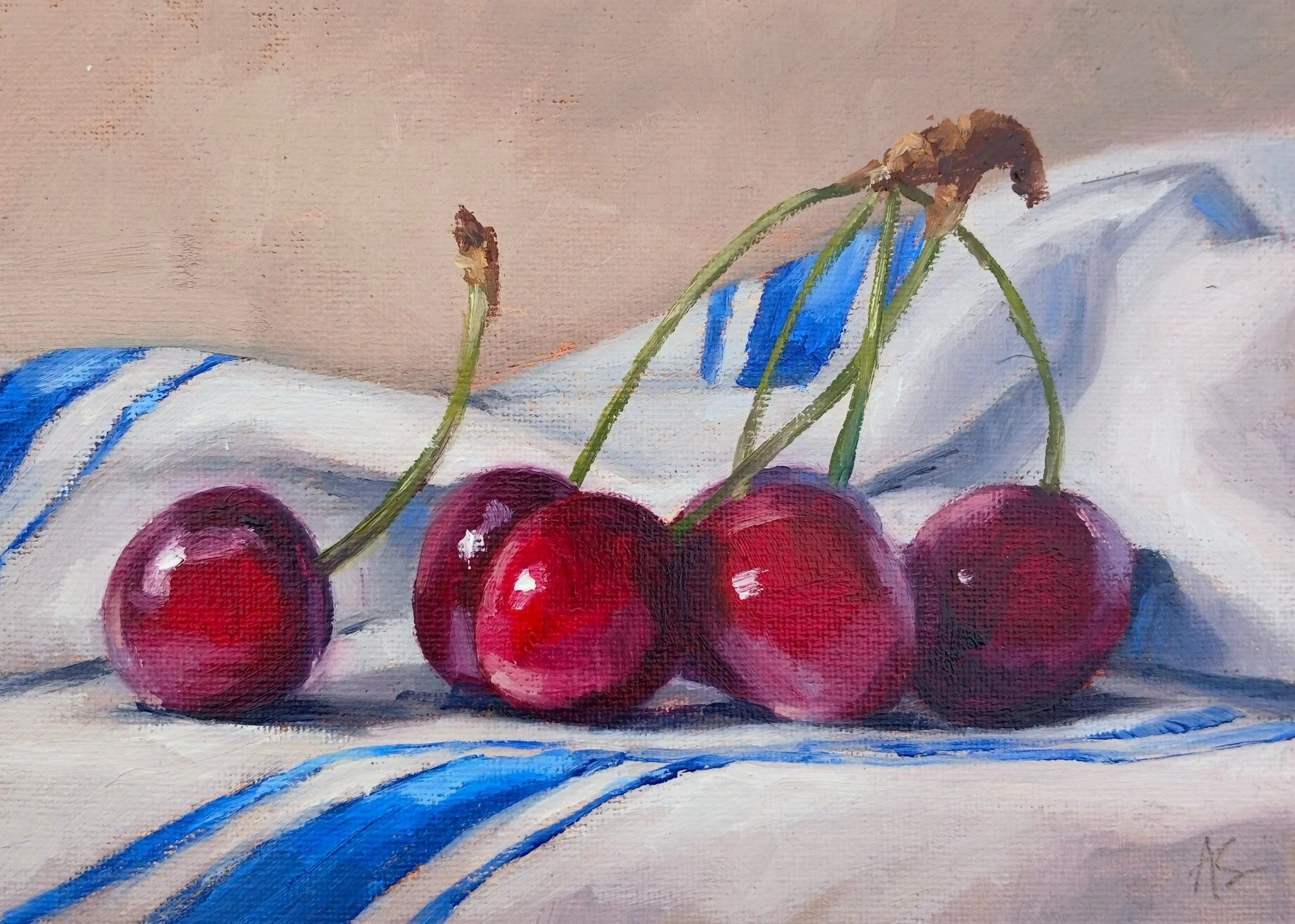 Oil painting of dark red cherries on crisp white linen with a blue stripe, against a soft neutral background, with expressive brushmarks.