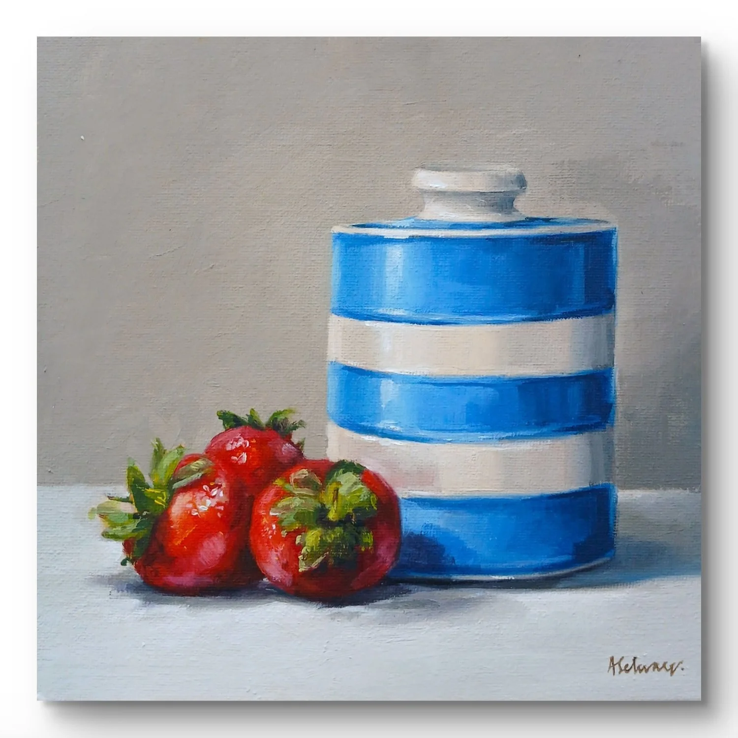 Strawberries and Cornishware Pot | Original Oil Painting | 8x8in