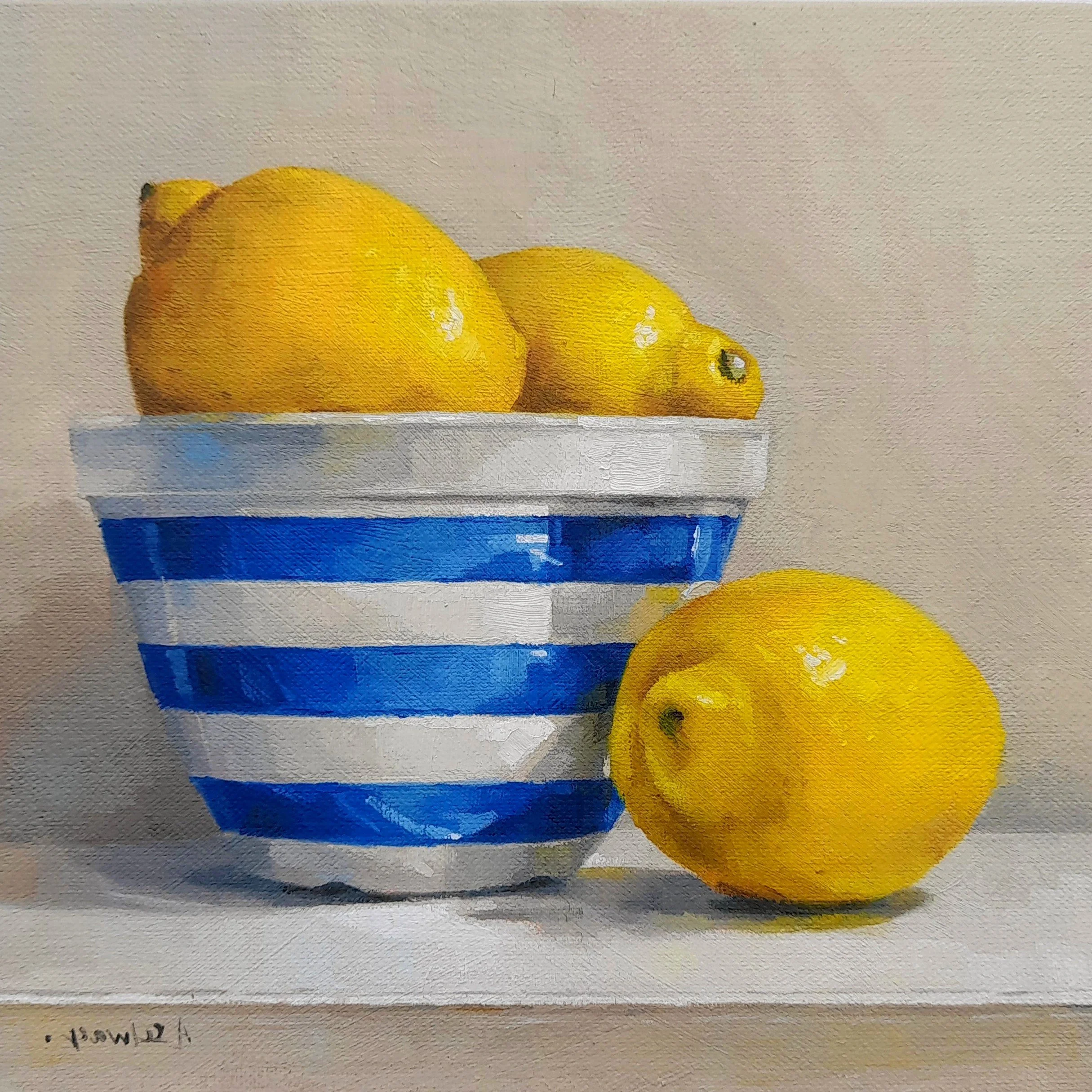 Oil painting by Amanda Selway of bright yellow lemons in a blue-striped Cornishware bowl on a white table, against a soft neutral background, in a contemporary realism style.