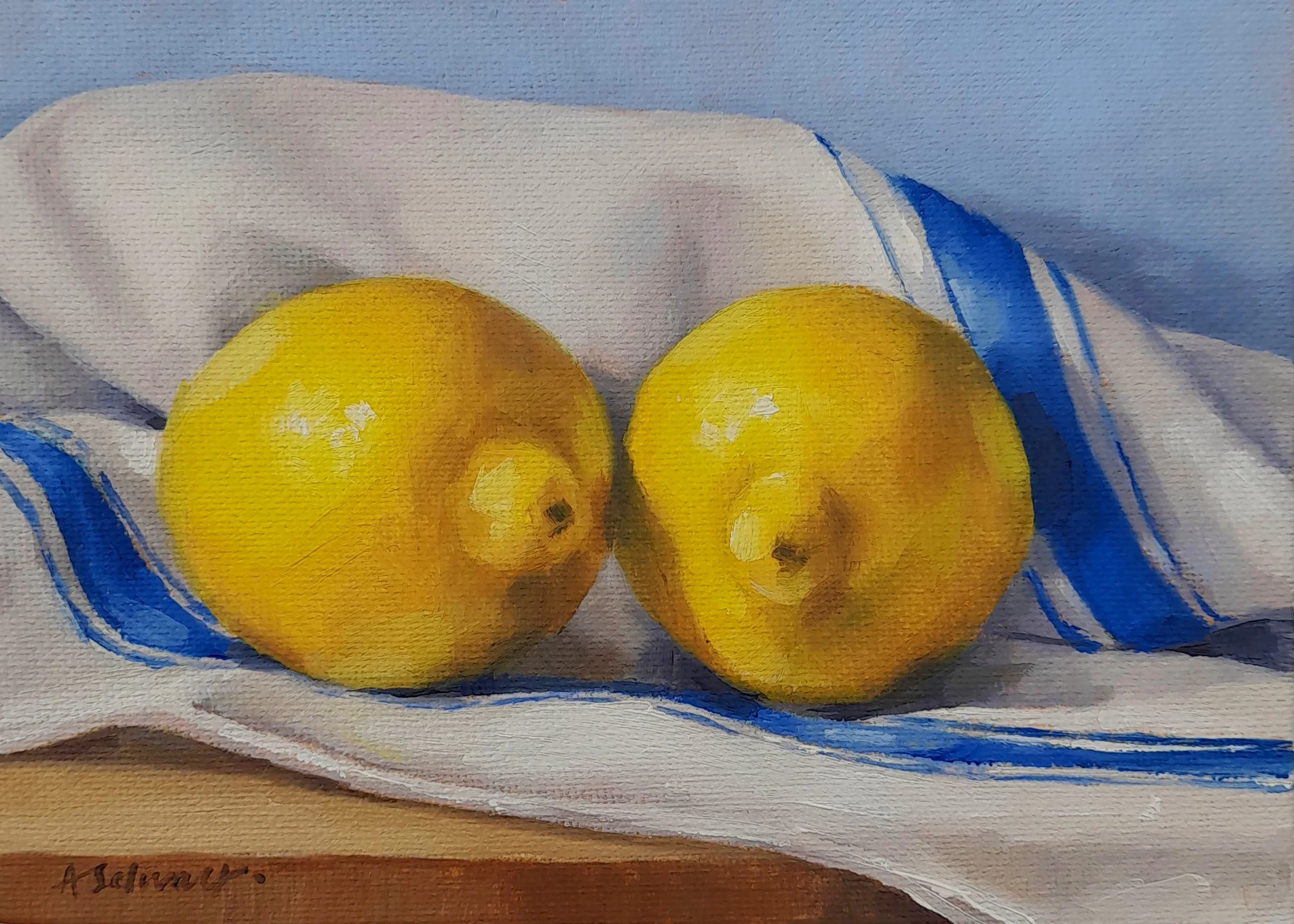Oil painting by Amanda Selway of two bright yellow lemons on white linen cloth with a blue stripe, against a soft neutral background, in a contemporary realism style.