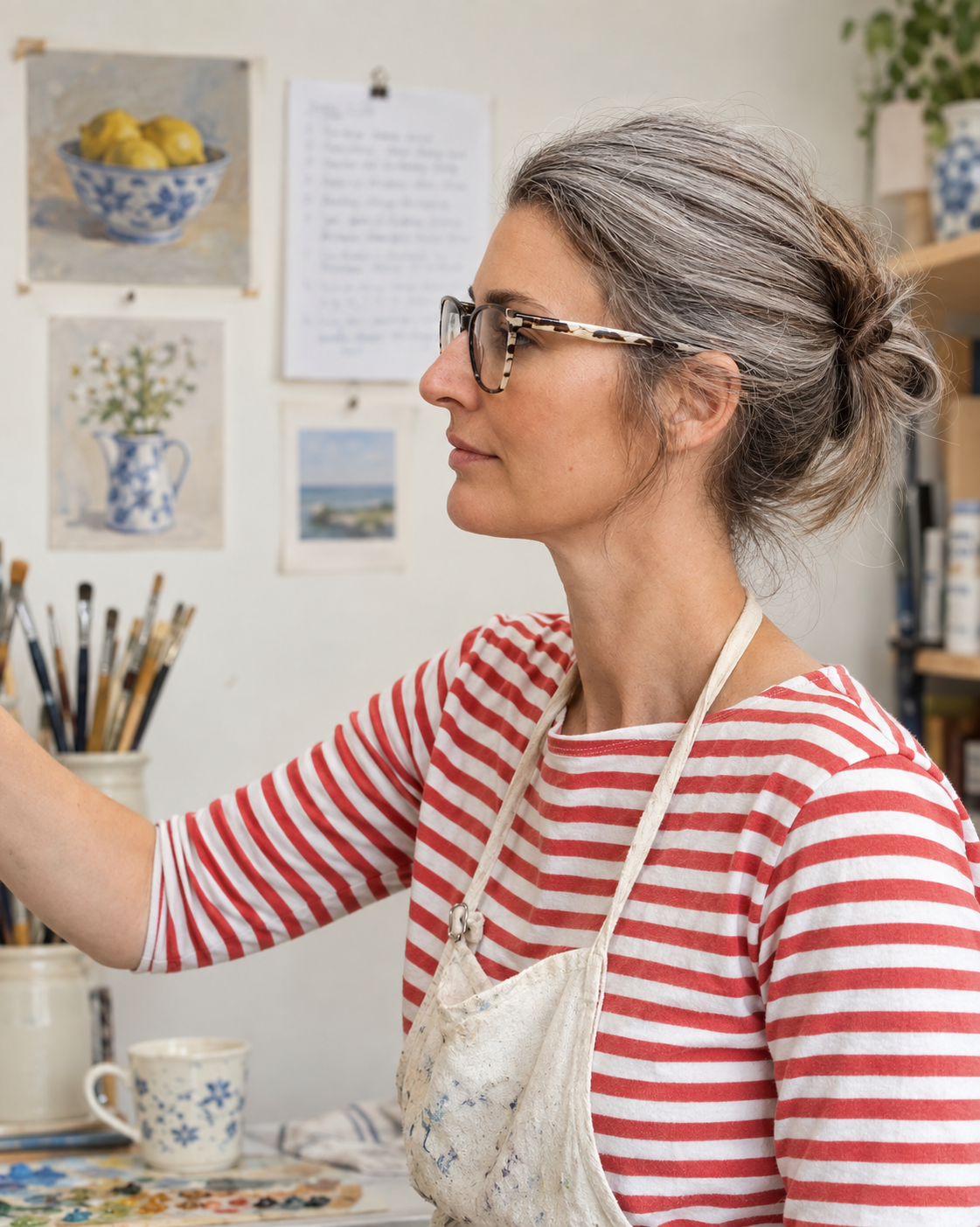 A woman with gray hair tied back, wearing glasses and a red and white striped shirt, working in an art studio, wearing a paint-stained apron.