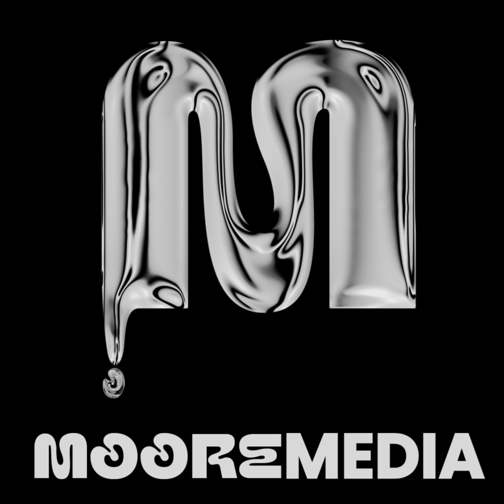 A stylized, metallic-looking letter 'M' with a question mark shape integrated, above the text 'MOOREMEDIA' in bold, rounded font on a black background.