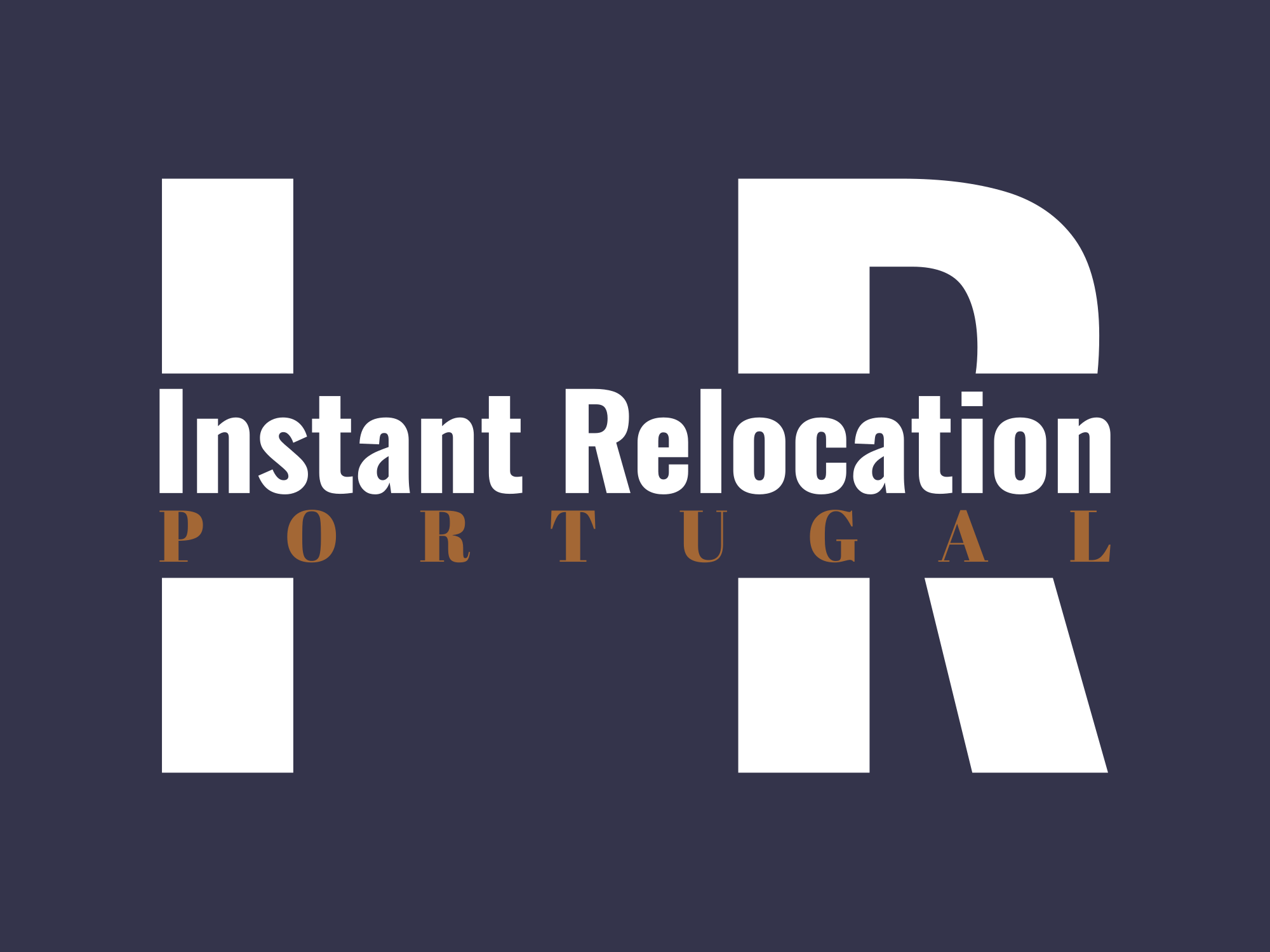 Logo for Instant Relocation Portugal with large white letters 'IR' and the text 'Instant Relocation Portugal' in white and brown on a dark background.