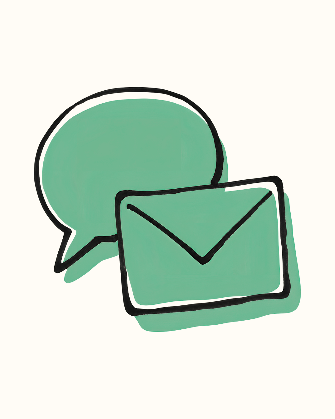 A graphic illustration of a green speech bubble and an envelope, symbolizing communication or messaging.
