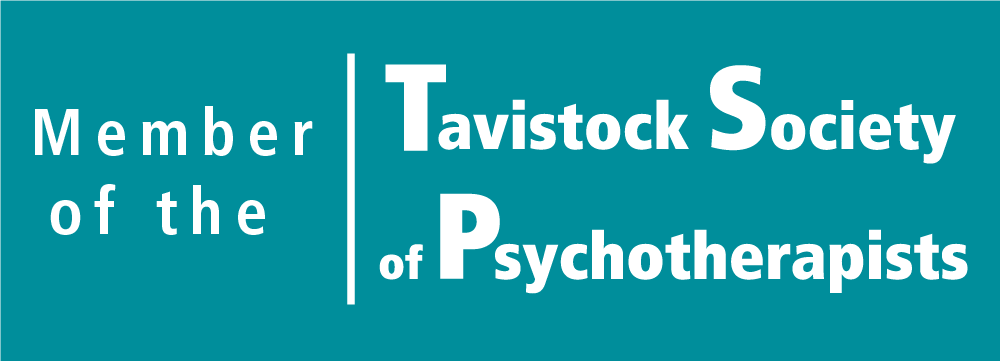 Teal background with white text that reads "Member of the Tavistock Society of Psychotherapists" with the words "Tavistock Society" and "Psychotherapists" emphasized in larger font.