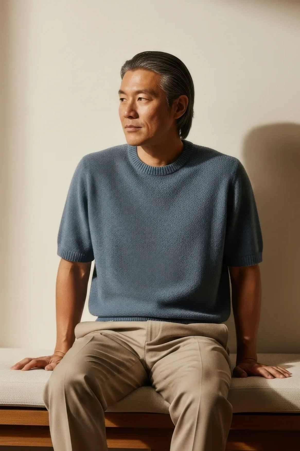 A man with salt-and-pepper hair sitting on a bench against a plain wall, dressed in a blue short-sleeve sweater and beige pants, looking to his left.