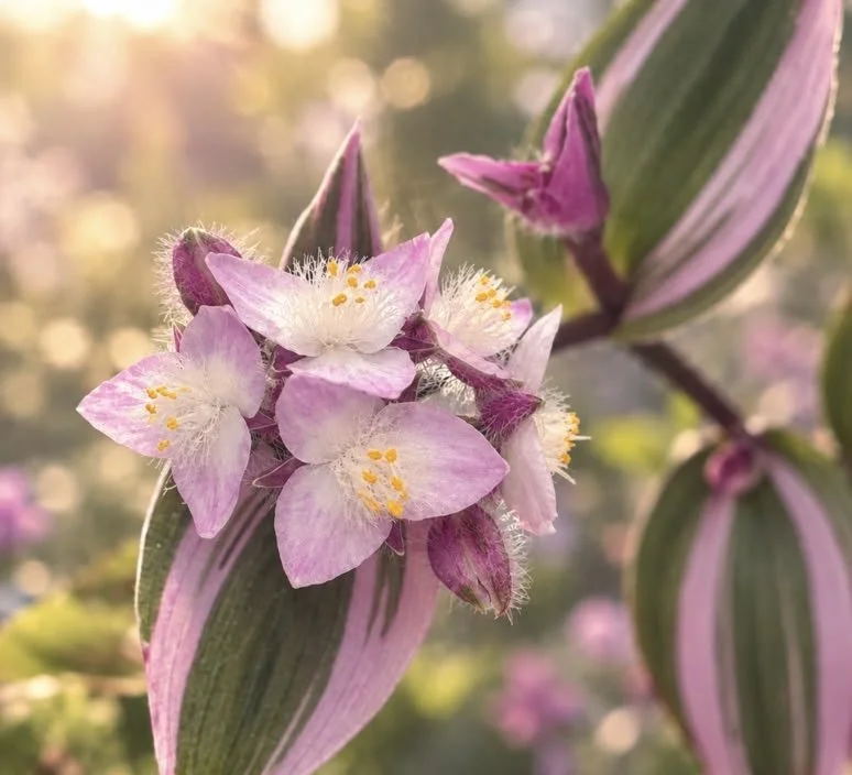 Close-up of pink and white flowers with yellow stamens on a plant, with green striped leaves and blurred background sunlight.