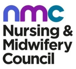 Logo of the NMC Nursing & Midwifery Council with blue, purple, and green text.