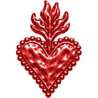 A shiny red metallic heart with a flame-shaped top, outlined with small metallic beads.
