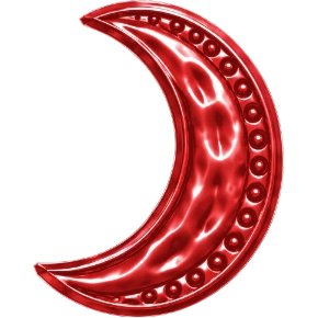 A shiny red crescent-shaped object with circular decorative elements along its inner curve, resembling a stylized moon or decorative ornament.