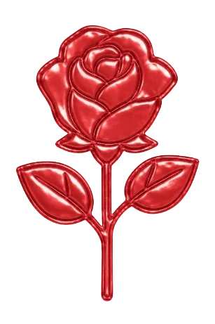 A shiny, red, metallic rose with detailed petals and leaves.