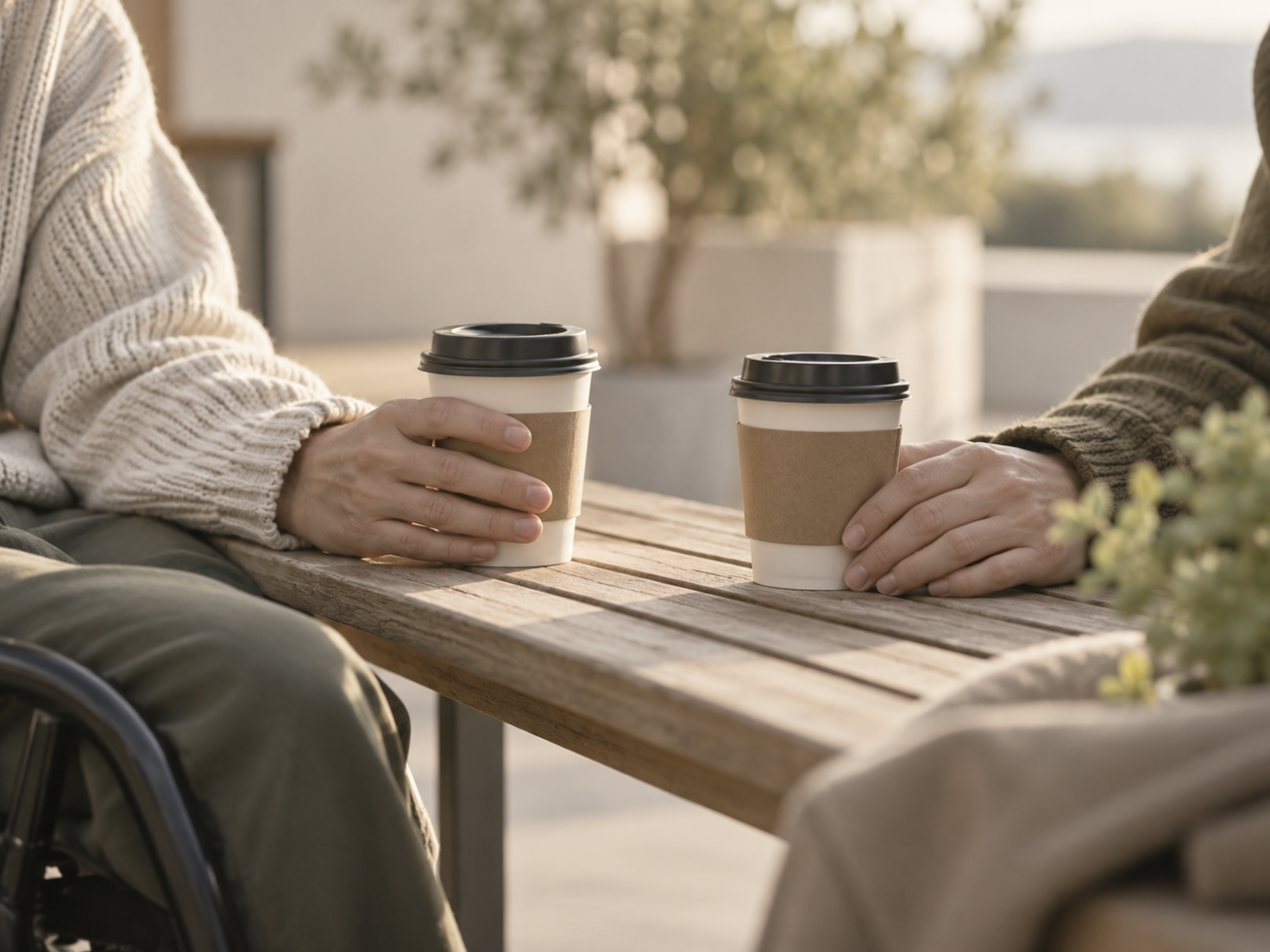Two people holding coffee cups with sleeves sitting at a wooden table outdoors, with a blurred background and warm lighting.
