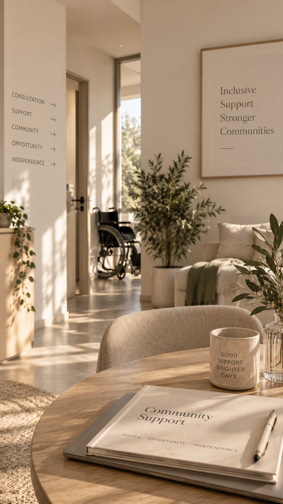 A cozy waiting area with a wooden table holding a community support booklet, a pen, and a mug that reads "Good Support Brighter Days". In the background, there are potted plants, a comfortable sofa, and framed signs on the wall with words like 'Inclusive Support Stronger Communities' and directional signs for consultation, support, community, opportunity, and independence. Sunlight streams through large windows.