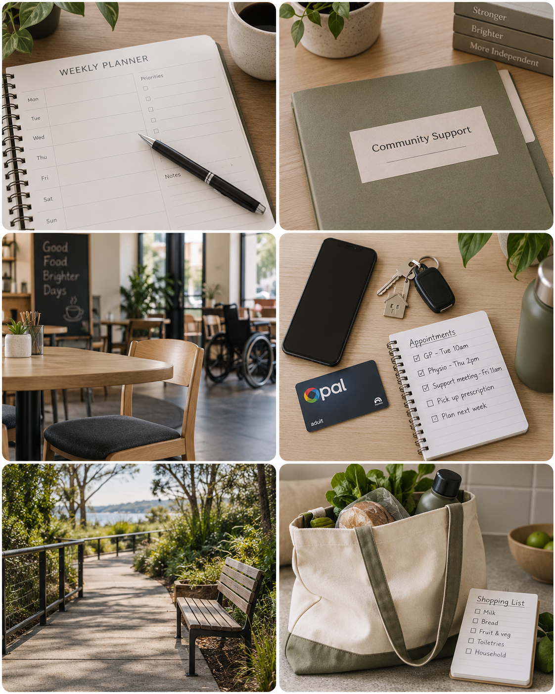 A collage of six images including a weekly planner and pen, community support binder, a cozy cafe with tables and a wheelchair, a phone with apartment keys and a shopping list, an outdoor park bench and path, and a reusable shopping bag with groceries and a shopping list.