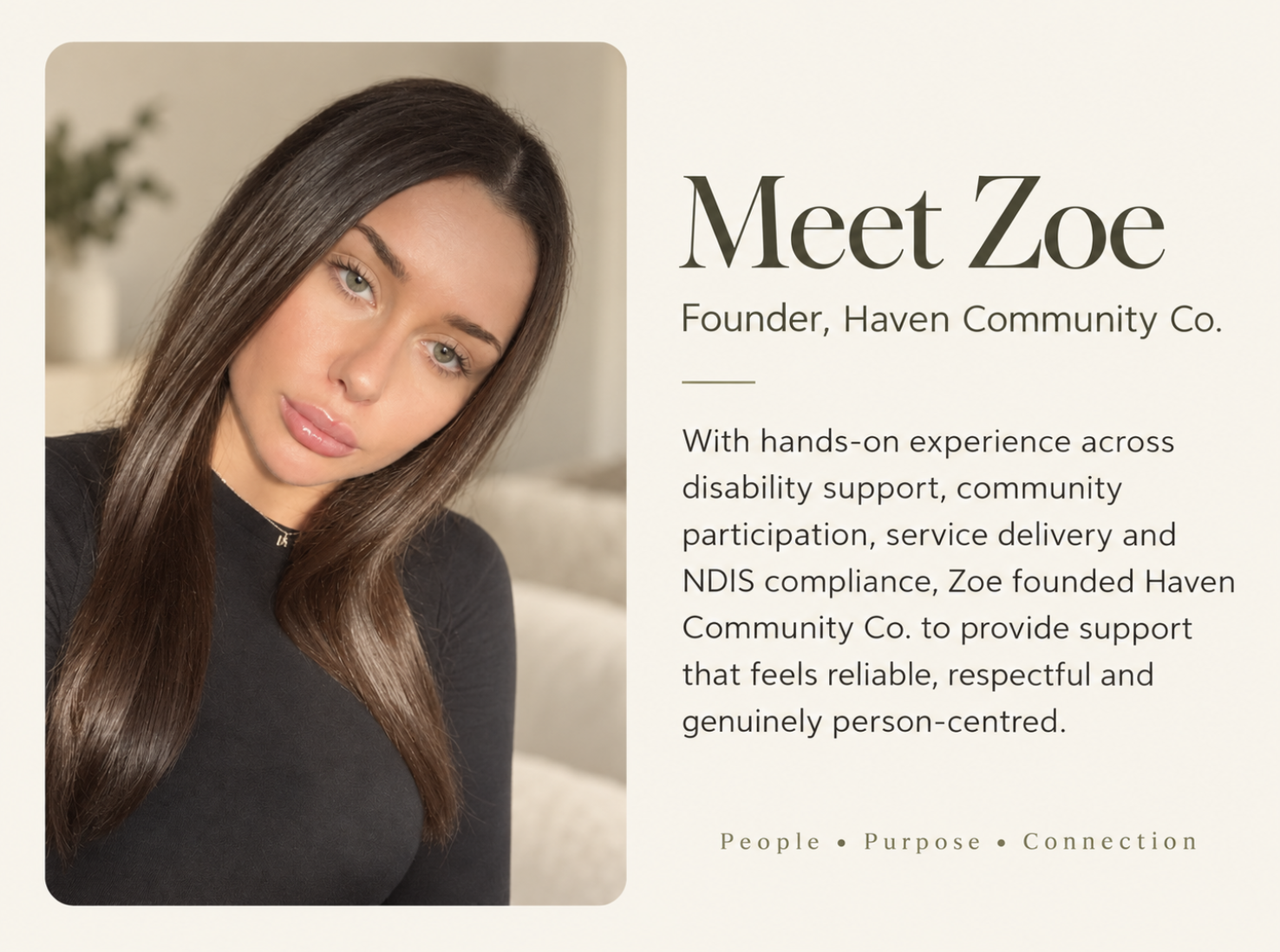 Photograph of Zoé, founder of Haven Community Co., with a neutral background and a plant in the blurred background, along with descriptive text about her mission and values.