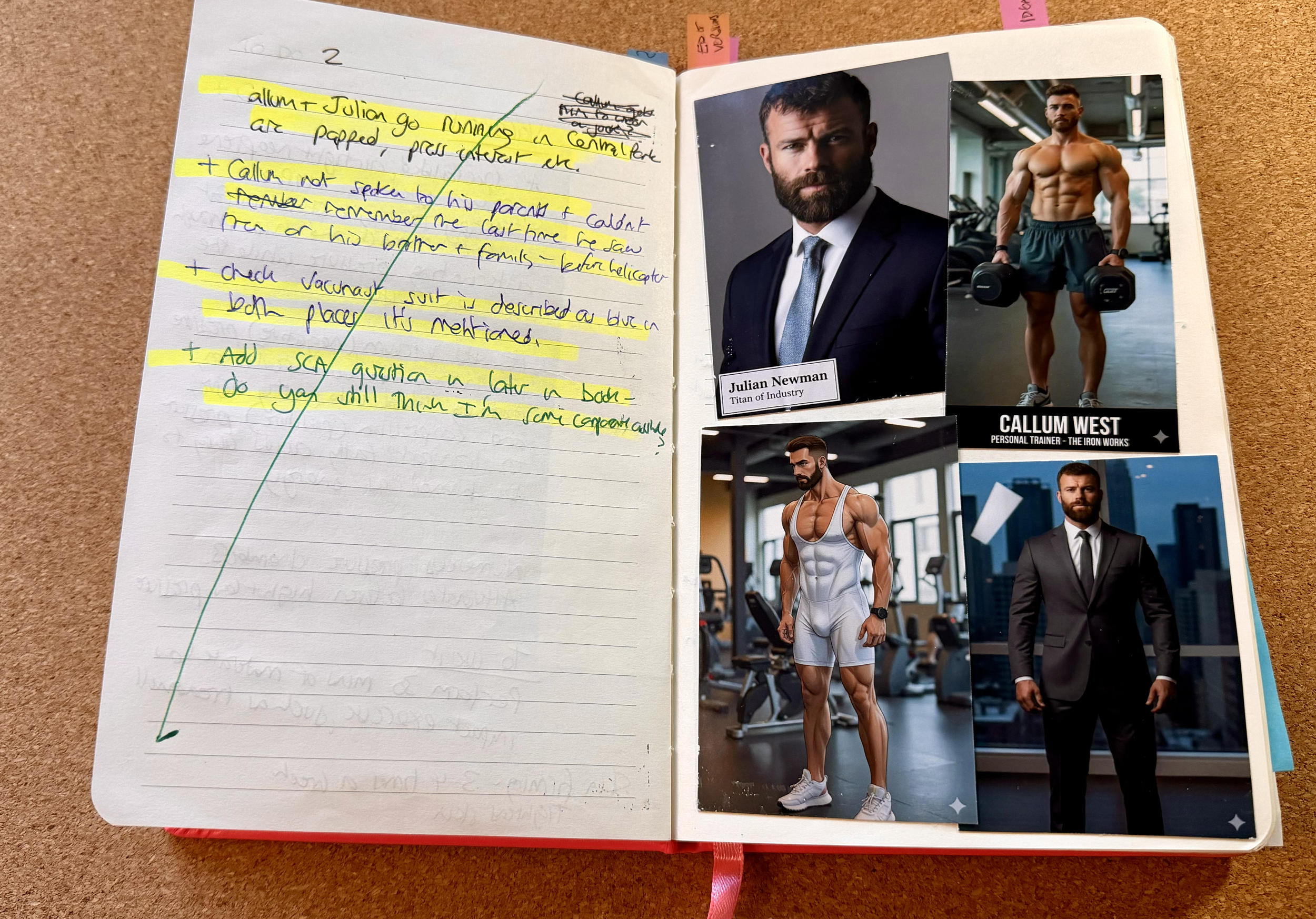 Notes of things to go back and check as I was writing - for consistency. I also played with AI to create images that helped me visualise things - I find it useful for that.