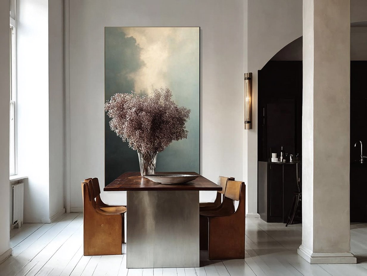 A dining area with a wooden table, four chairs, a large vases with flowers, a large painting of clouds and blooming trees, and a wall-mounted light fixture in a modern home.