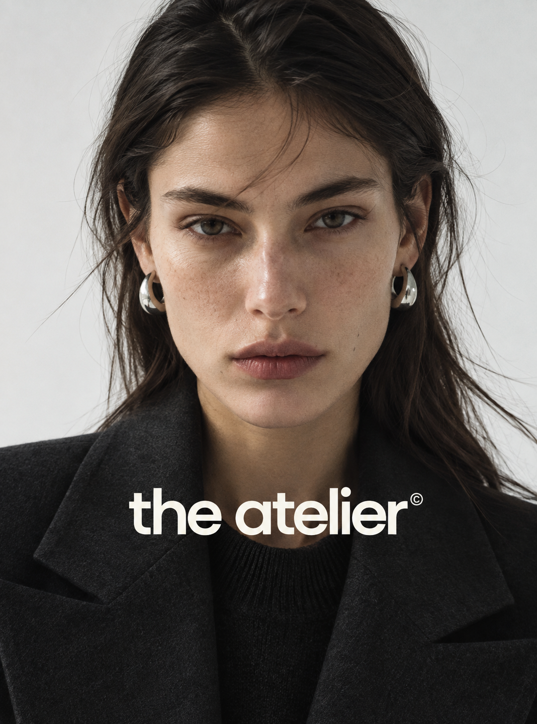 Close-up of a young woman with dark hair, wearing a black blazer, silver earrings, and minimal makeup, with the text 'the atelier' overlaid on her chest.