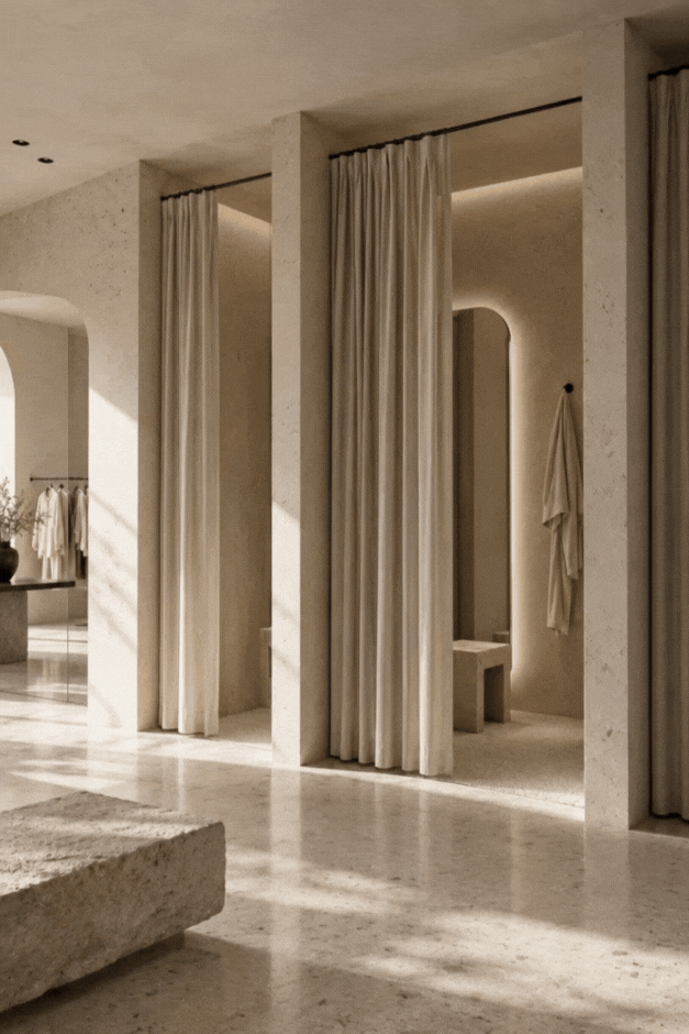 Interior of a spa or dressing area with neutral tones, tall curtains, and a small seating area.