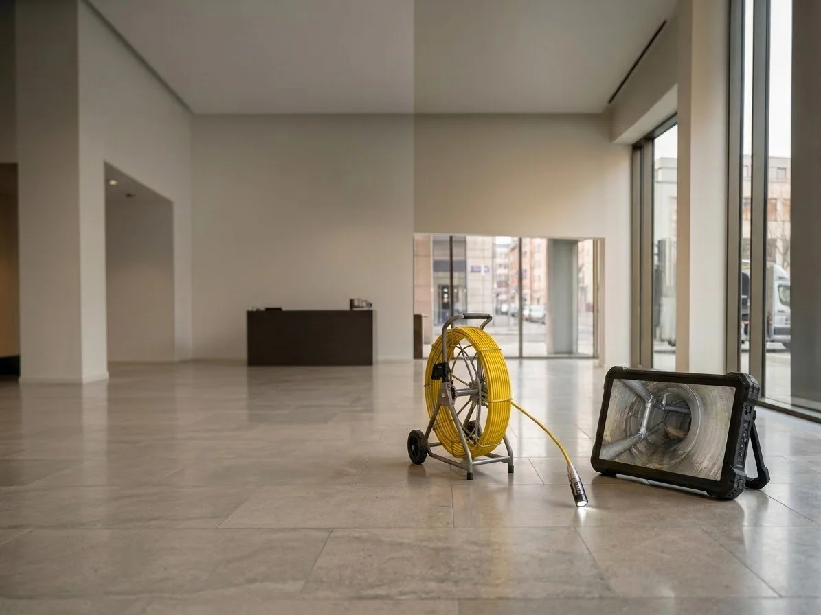Un projecteur LED portable, une bobine de câble jaune et une extension électrique dans un hall vide avec de grandes fenêtres.